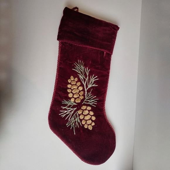Martha Stewart Christmas Stocking Decoration in Burgundy with Gold Pinecones. - Picture 1 of 4